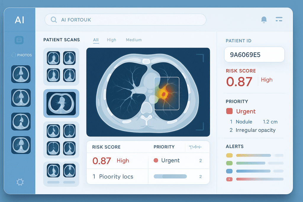 AI interface with multiple patient scans displayed, risk scores, priority flags, and detection highlights