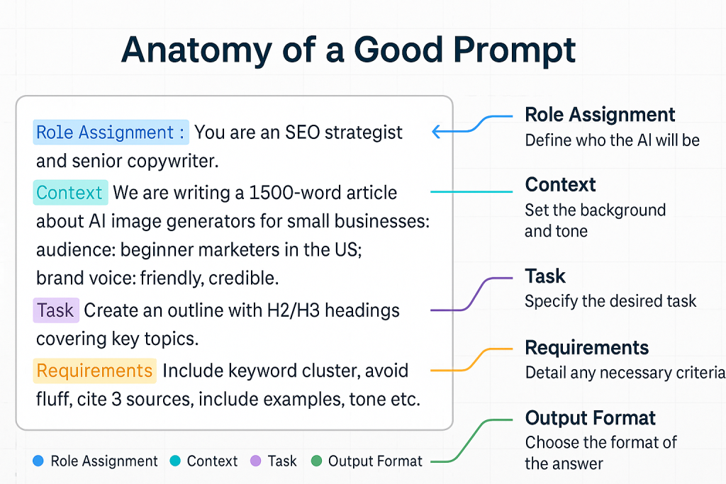 Anatomy of effective ChatGPT prompt showing role, context, task, requirements structure