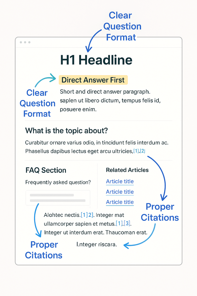 Annotated webpage showing content structure optimized for AI search engine discovery - AI Referral Traffic