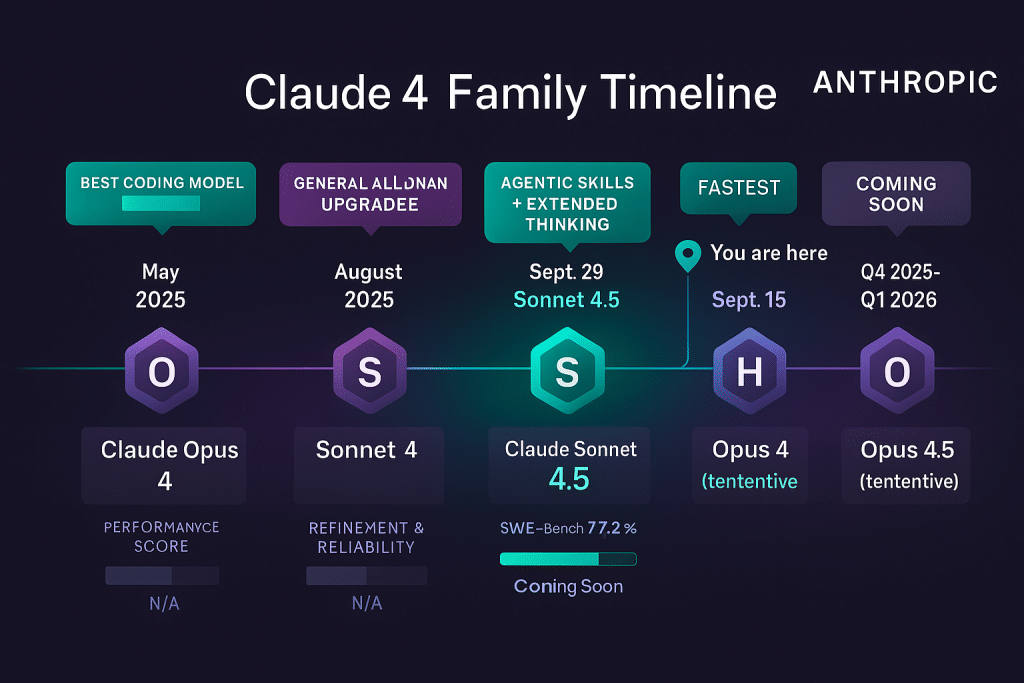 Anthropic Claude 4 family release timeline - Opus 4, Sonnet 4, Claude Sonnet 4.5 - Claude Sonnet 4.5 and Haiku 4.5 - aihika.com