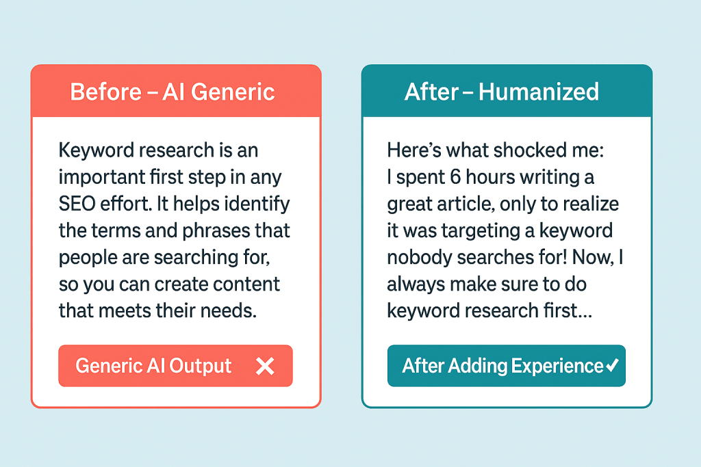 Before and after example showing generic AI content transformed with personal experience