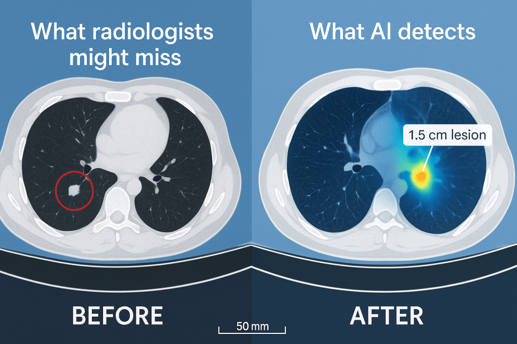 Before/After comparison showing a CT scan with a tiny tumor circled