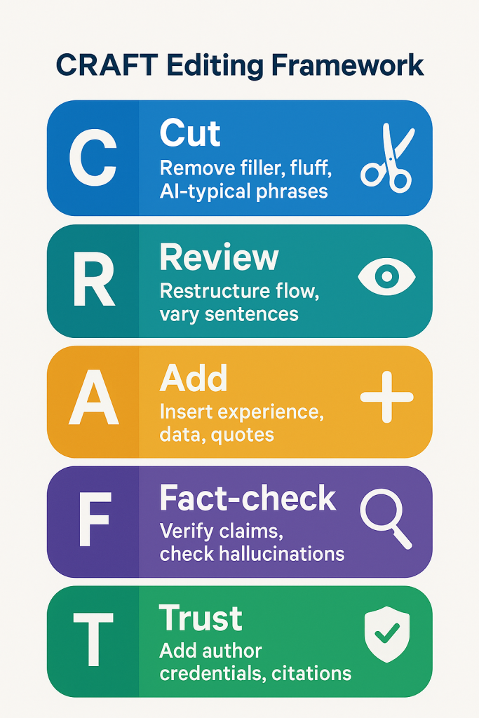 CRAFT method infographic for editing AI-generated SEO content showing 5-step process
