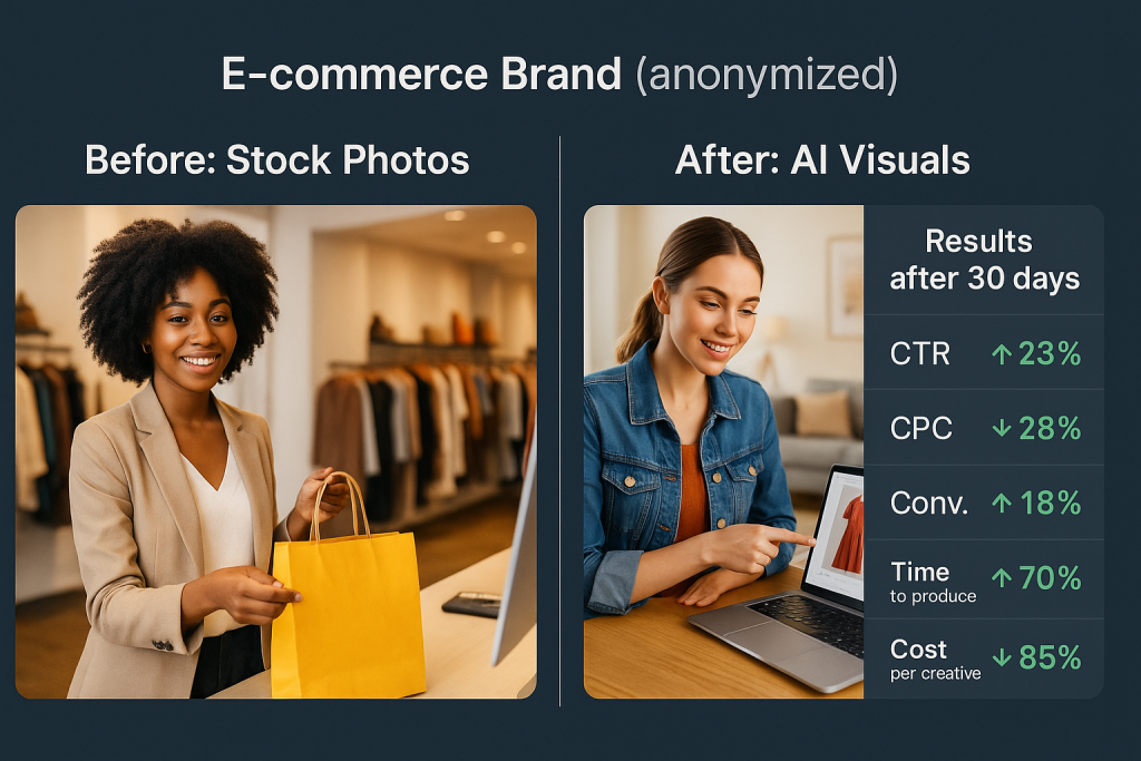 Case study graphic showing before-and-after metrics from a real campaign that switched to AI-generated visuals