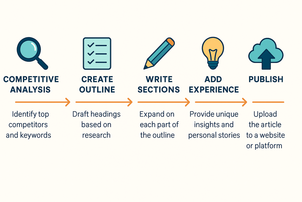 ChatGPT content creation workflow showing 6-step process from analysis to publishing