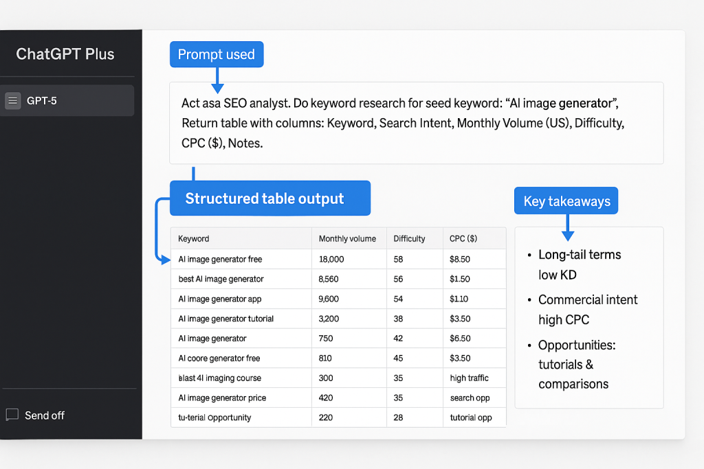 ChatGPT keyword research prompt example showing structured keyword table with search intent