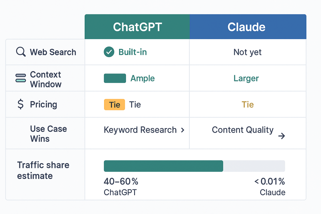 ChatGPT vs Claude comparison chart for SEO tasks showing features and strengths