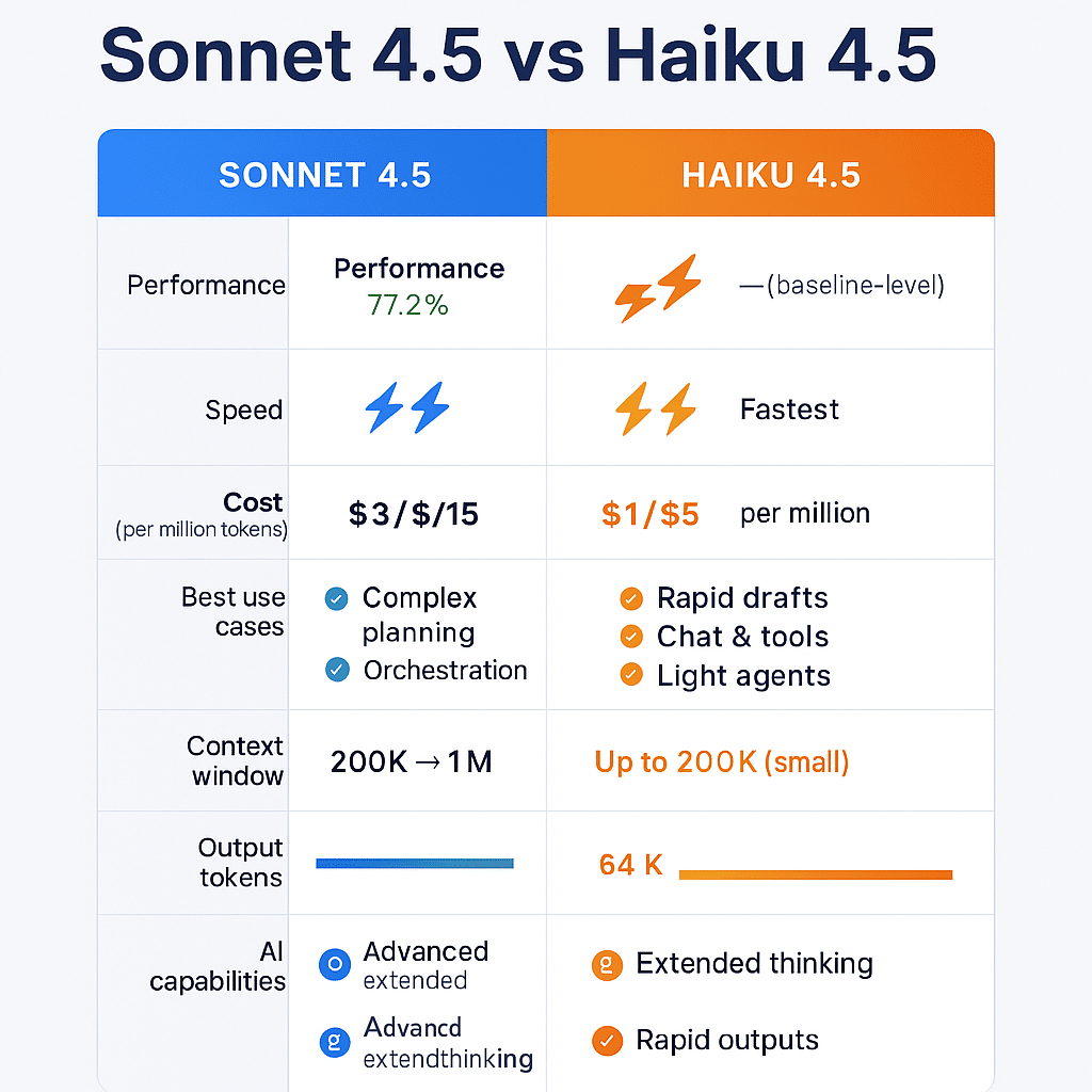 Claude Sonnet 4.5 vs Haiku 4.5 detailed comparison table - performance, pricing, speed - Claude Sonnet 4.5 and Haiku 4.5 - aihika.com
