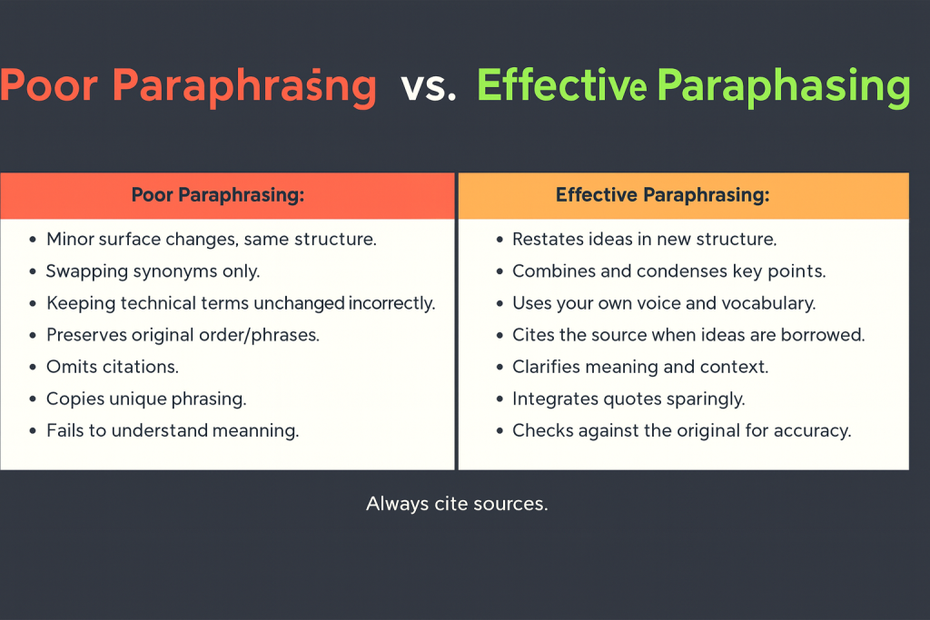 Comparison chart showing examples of poor vs effective paraphrasing techniques.png