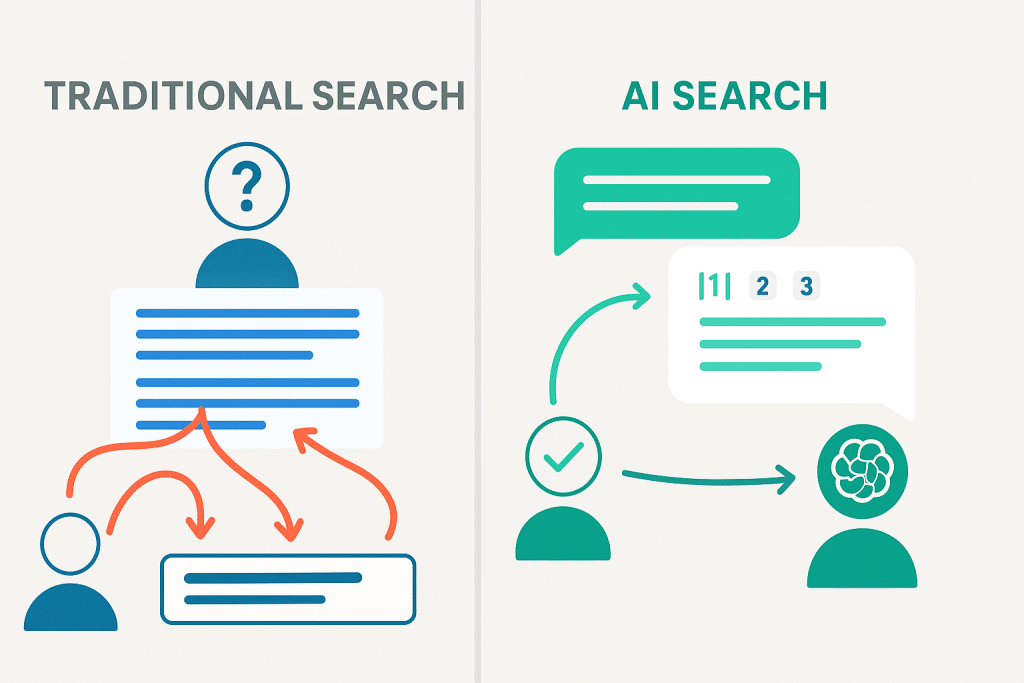 Comparison diagram showing traditional search results versus AI-powered search with citations - AI Referral Traffic
