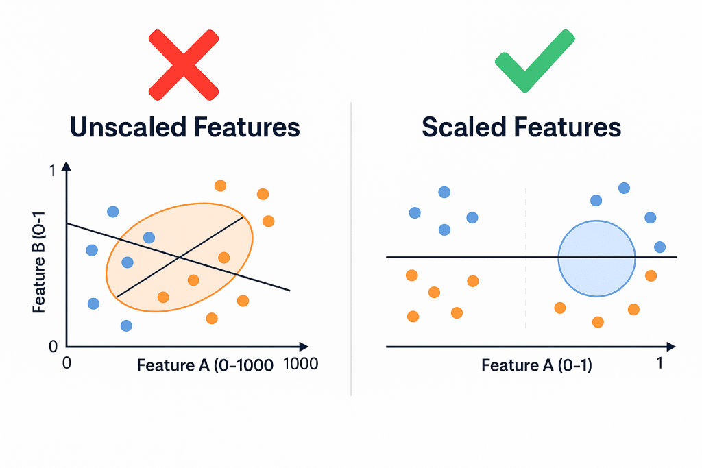 Comparison showing Support Vector Machine (SVM) performance with unscaled versus properly scaled features - aihika.com
