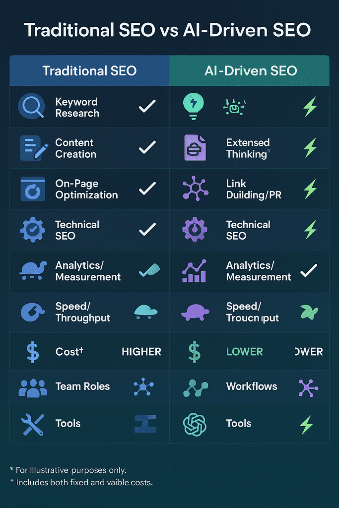 Comparison table Traditional vs AI SEO - Google AI Overviews - aihika.com