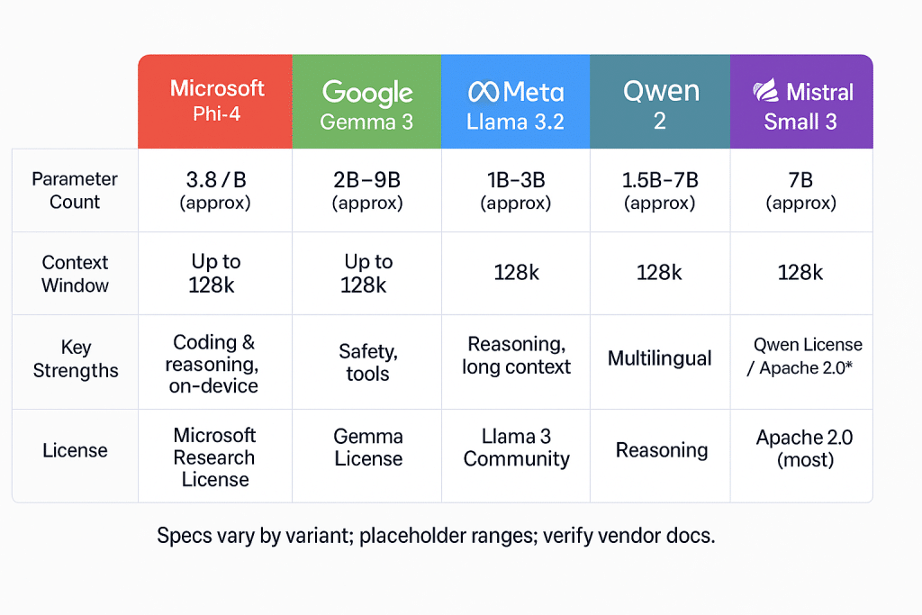 Comparison table/grid featuring logos and key specs of top SLMs: Microsoft Phi-4, Google Gemma 3, Meta Llama 3.2, Qwen 2, Mistral Small 3