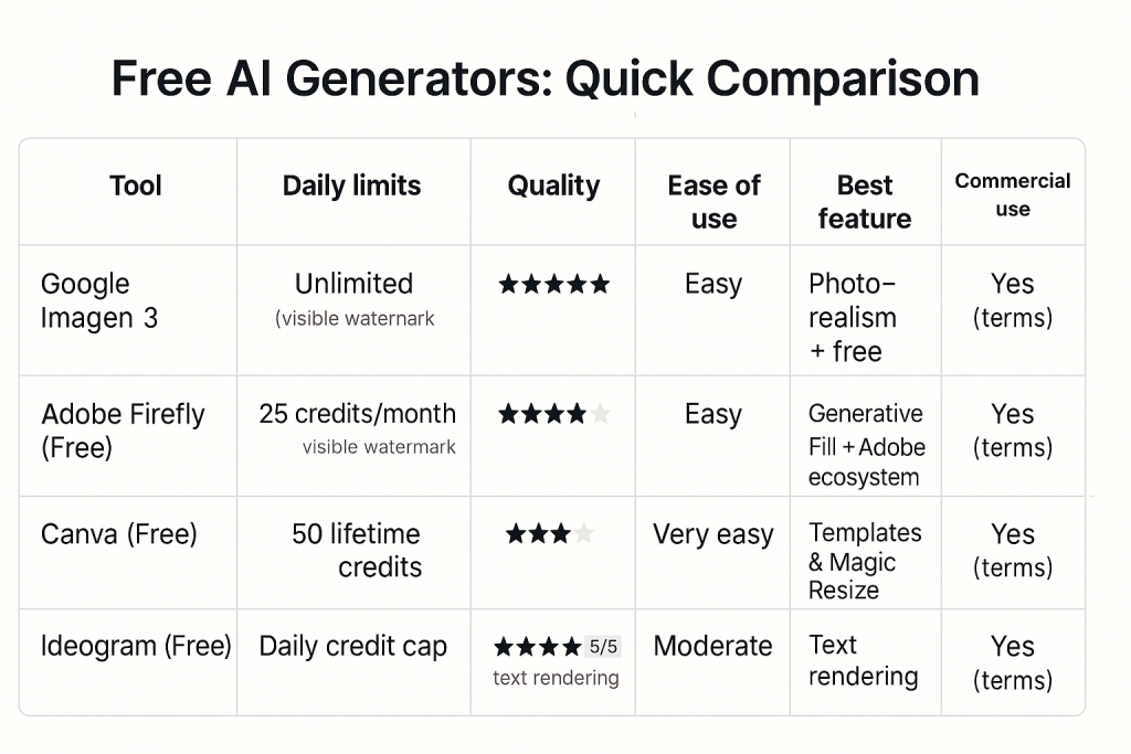 Comparison table showing key metrics for all free tools