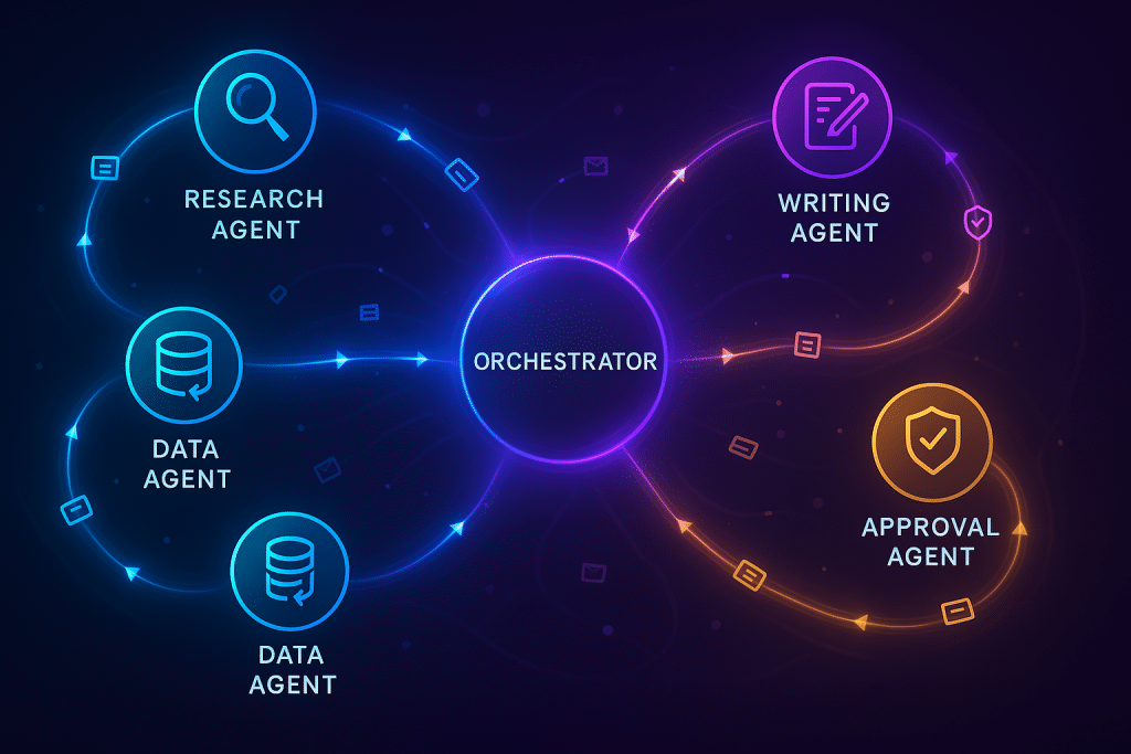 AI Agents - Complex network diagram showing a multi-agent ecosystem in action - aihika.com