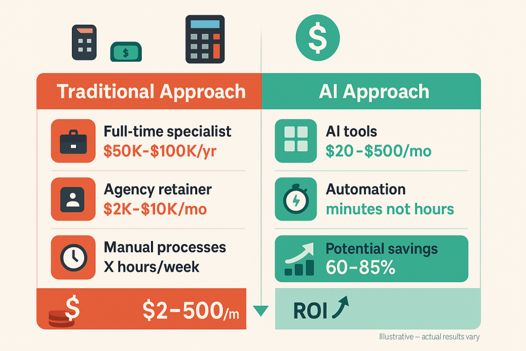 Cost comparison chart showing traditional vs. small business AI tools approach - aihika.com