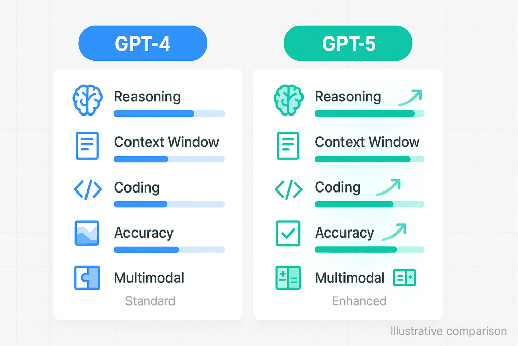 Diagram comparing GPT-4 vs GPT-5 capabilities - aihika.com