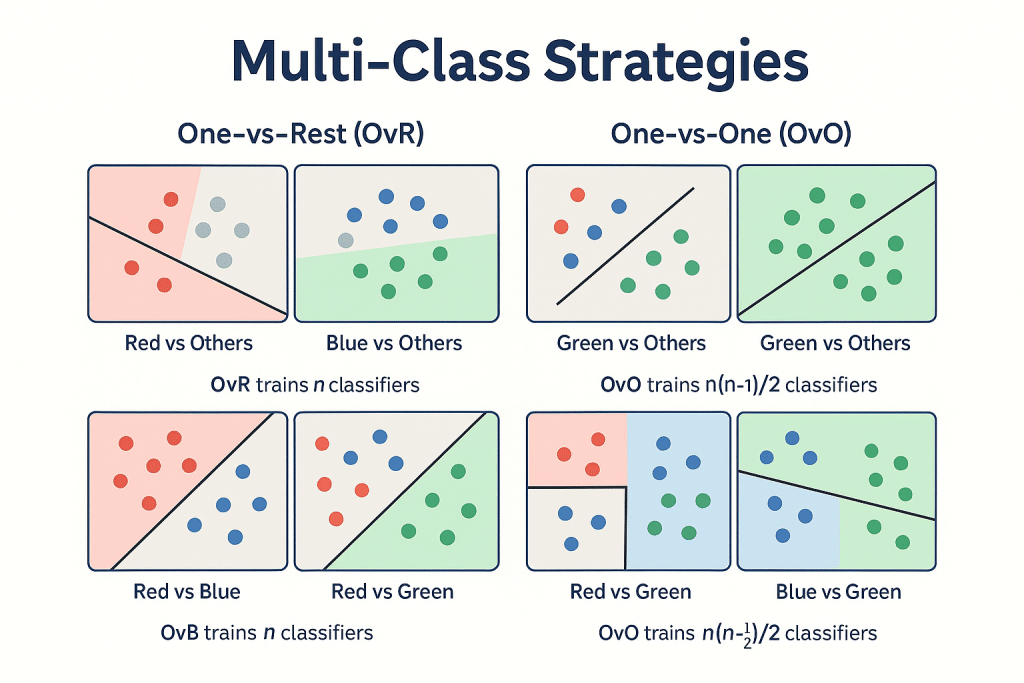 Diagram comparing One-vs-Rest and One-vs-One strategies for multi-class Support Vector Machine (SVM) classification