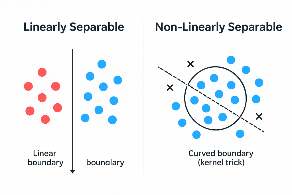 Diagram comparing linearly separable data versus non-linearly separable data in SVM classification - Support Vector Machine