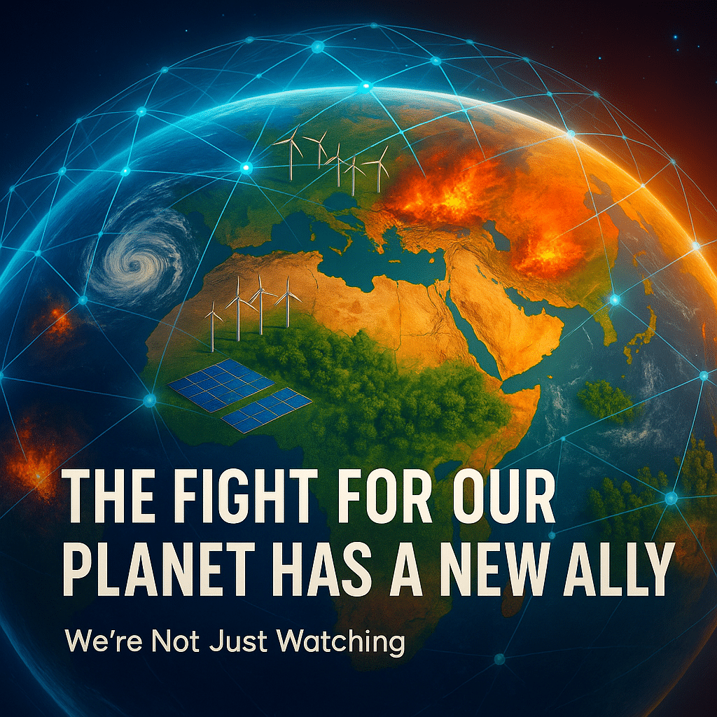 Earth from space with visible signs of both climate challenges and solutions