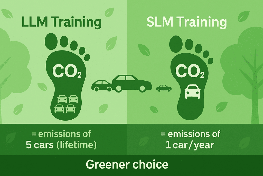 Small Language Models - Environmental impact infographic showing carbon footprint comparison