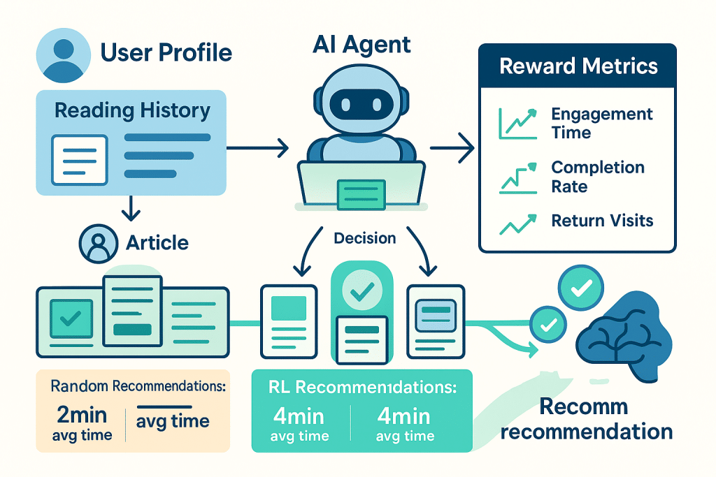 Example showing RL-powered content recommendation system with engagement metrics and improvements
