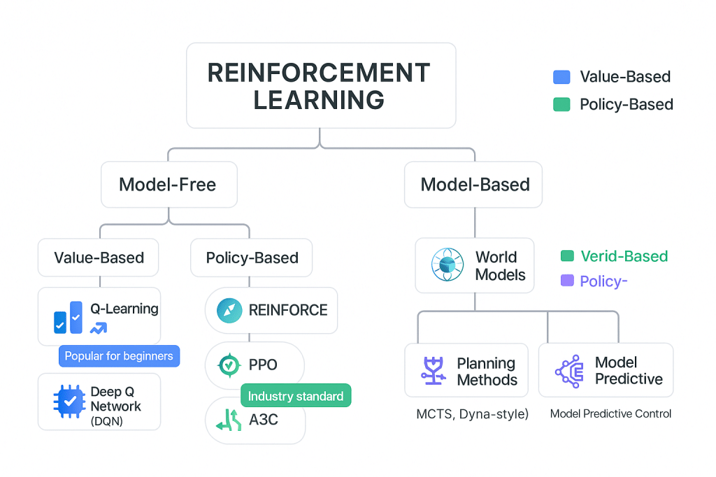 Family tree diagram showing different types of reinforcement learning algorithms and their categories