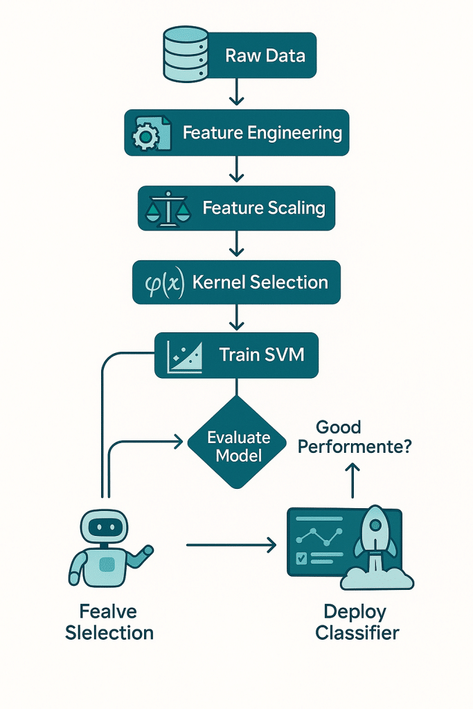 Flowchart showing complete Support Vector Machine (SVM) classification workflow from data to deployment -aihika.com
