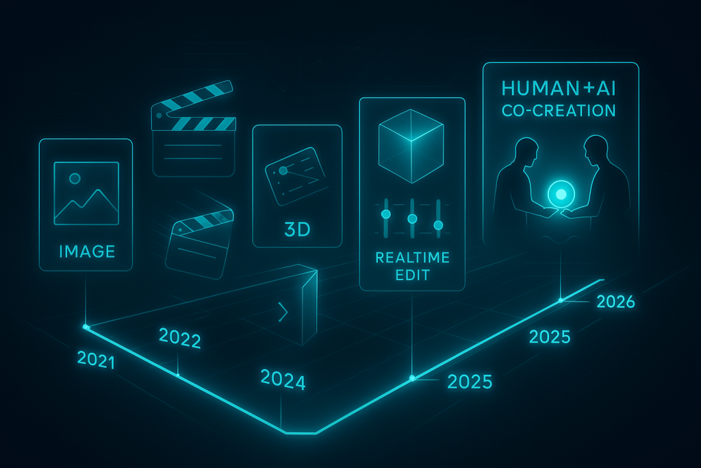 Futuristic conceptual illustration showing the evolution of AI image generation technology