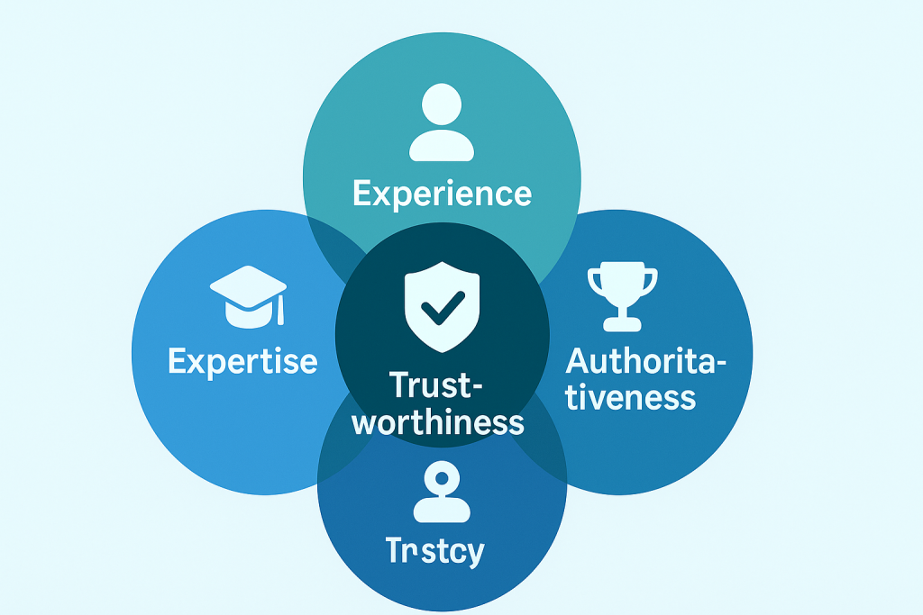 Google E-E-A-T framework diagram showing four quality factors for SEO content