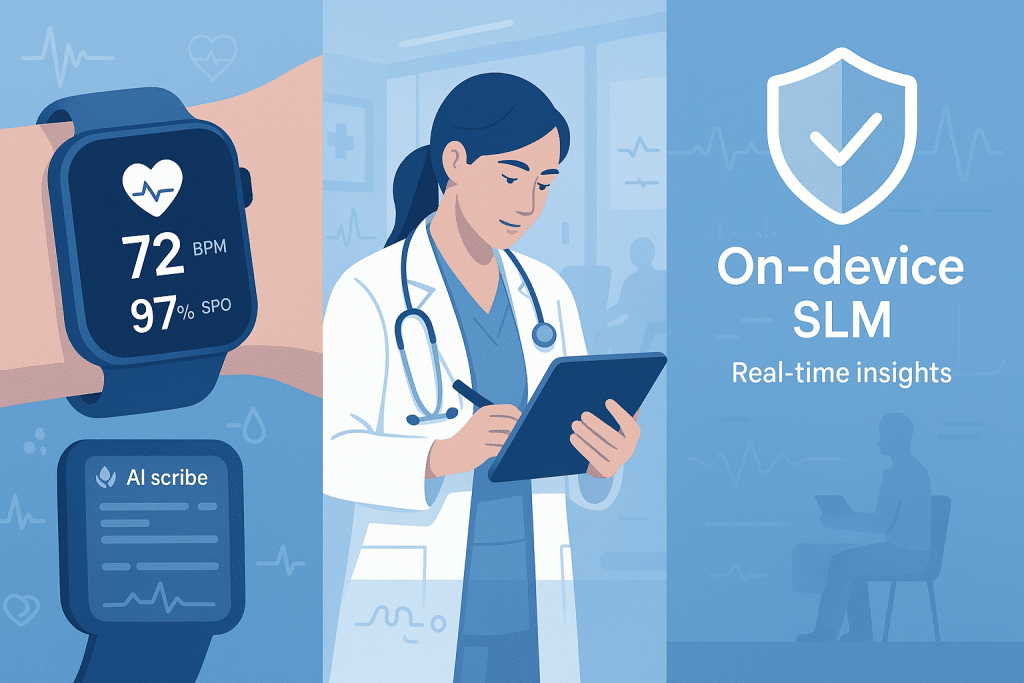 Healthcare technology mockup showing: smartwatch displaying health monitoring with SLM analysis, medical professional using AI scribe on tablet, patient data staying local (shield icon), real-time insights