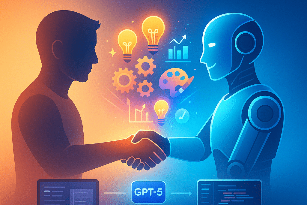 Human-AI collaboration representing the future of work - ChatGPT 5.0 - aihika.com