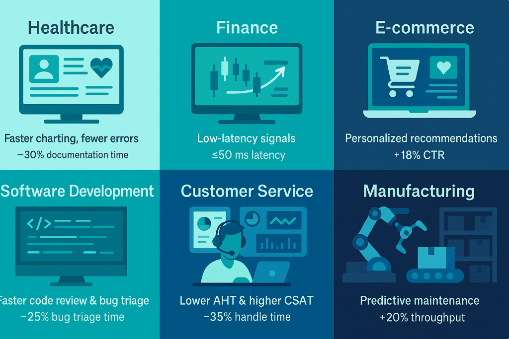 AI Agents - Industry use cases grid layout with 6 panels, each showing a specific industry application with relevant imagery: Healthcare (medical records), Finance (trading screens), E-commerce (shopping), Software Development (code), Customer Service (support dashboard), Manufacturing (warehouse robots). Each panel includes a brief stat or benefit - aihika.com