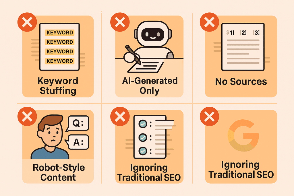 Infographic showing 5 common mistakes to avoid when optimizing for AI referral traffic