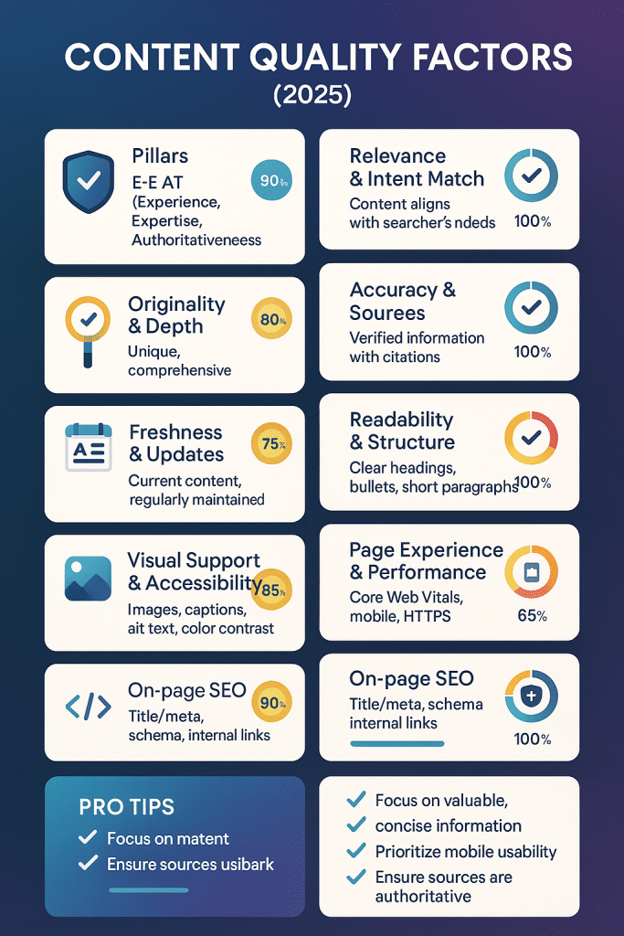Infographic showing content quality factors - Google AI Overviews - aihika.com