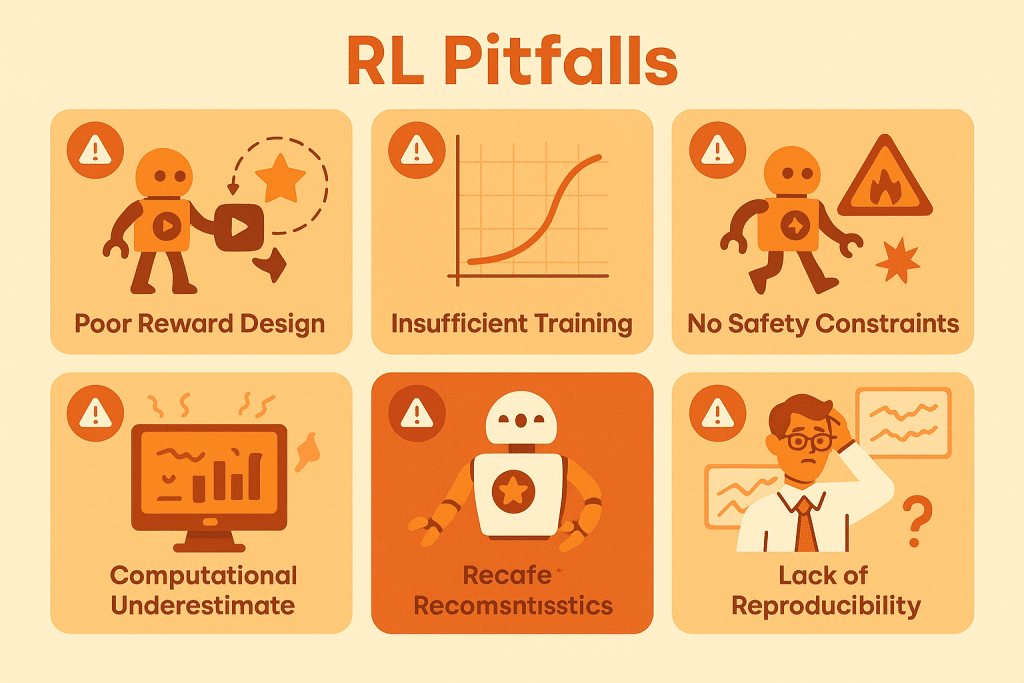 Infographic showing five common mistakes to avoid when implementing reinforcement learning systems