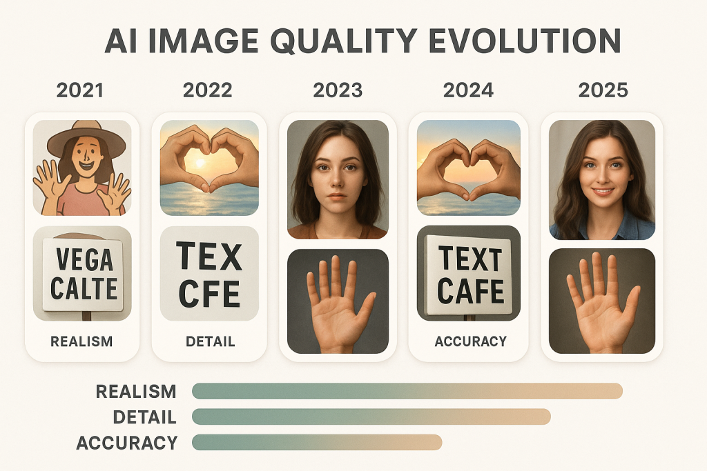 Infographic showing the evolution of AI image quality from 2021 to 2025, with sample images demonstrating the dramatic improvement in realism detail and accuracy