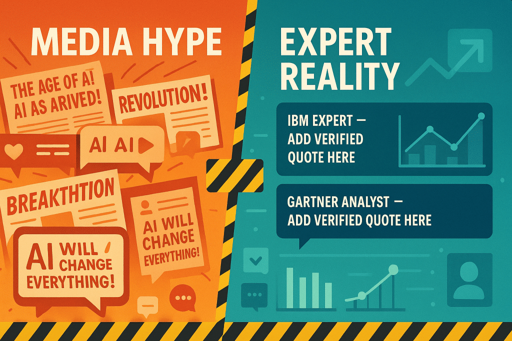 AI Agents - Media Hype" (newspaper headlines, social media feeds with exaggerated claims) versus "Expert Reality" (calm, measured analysis with data points) - aihika.com