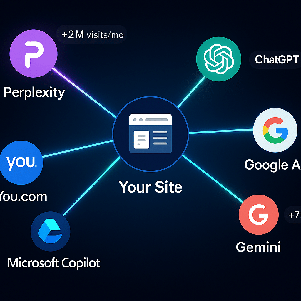 Network map of major AI search platforms including Perplexity, ChatGPT, Google AI sending referral traffic - AI Referral Traffic