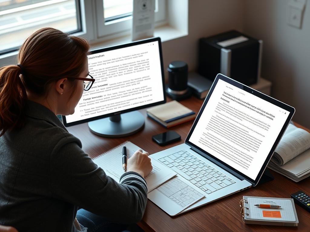 Person actively paraphrasing text using digital tools and handwritten notes