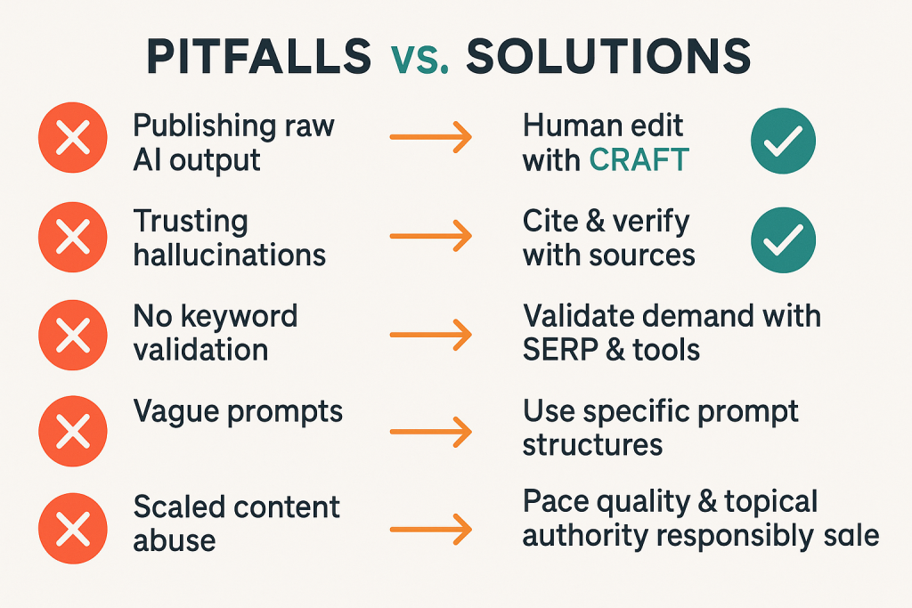 Pitfalls vs. Solutions" comparison graphic showing the six common mistakes on the left