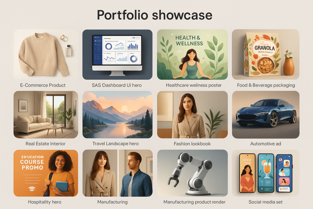 Portfolio showcase displaying various AI-generated images used across different industries and use cases