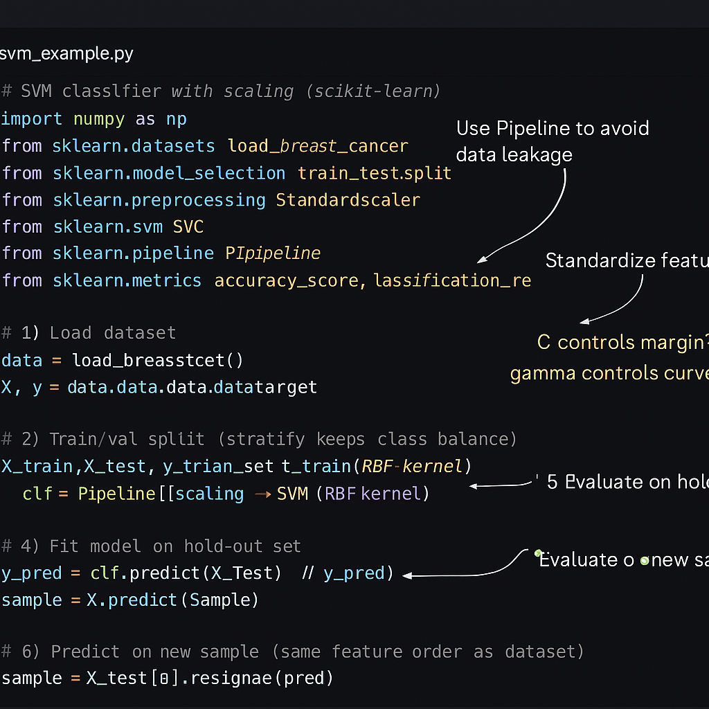 Python code example showing SVM implementation with scikit-learn library - SVM - aihika.com