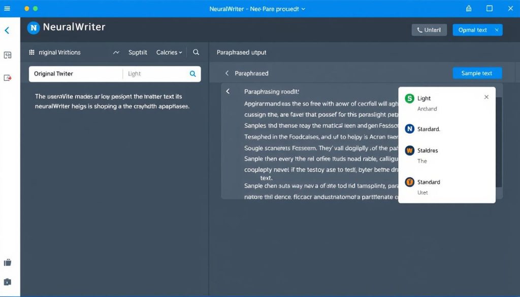 Screenshot of NeuralWriter's paraphrasing tool showing text transformation options