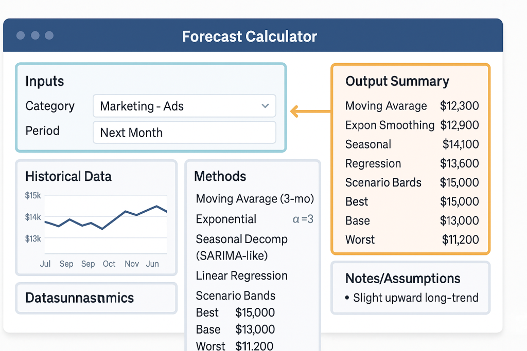 Screenshot of the calculator template showing all five sections with sample data populated