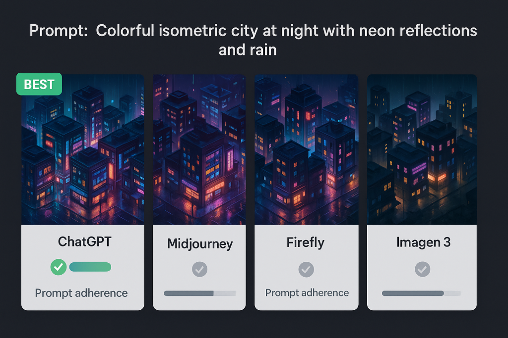 Side-by-side comparison of the same prompt executed by different AI image generators