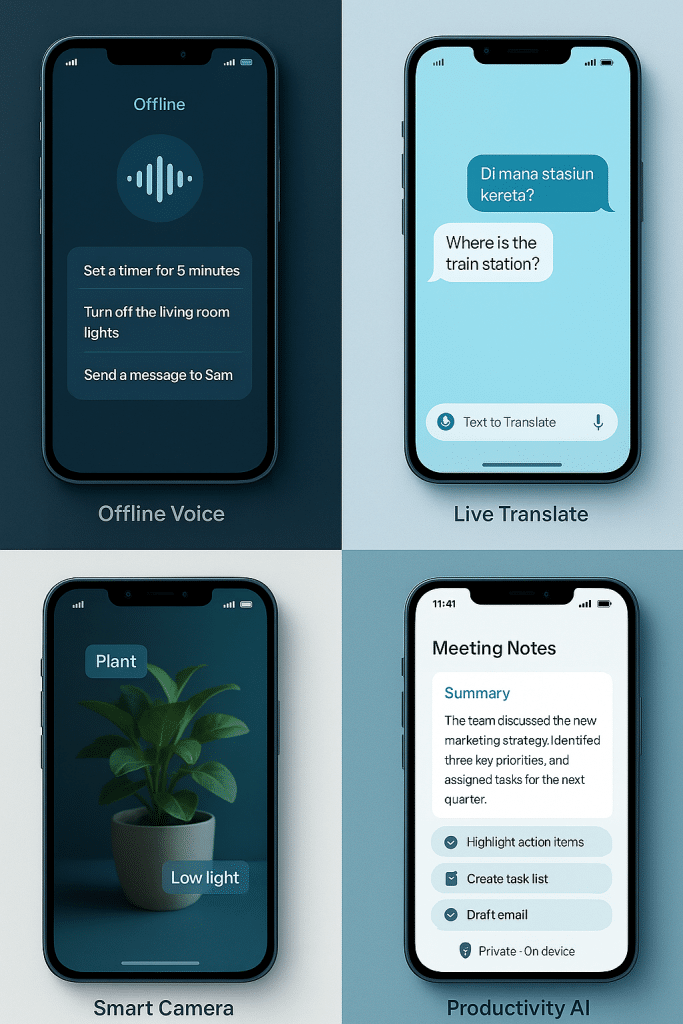 Smartphone screenshot mockup collection showing SLM features