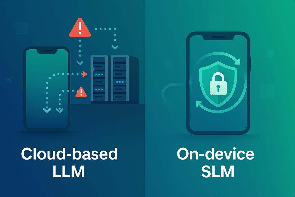 Split-screen illustration - Left side: data flowing from device to cloud servers