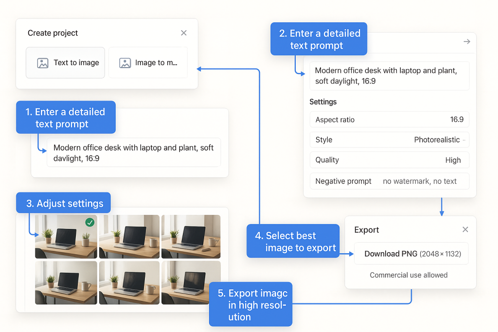 Step-by-step screenshot walkthrough showing the process of creating a professional image