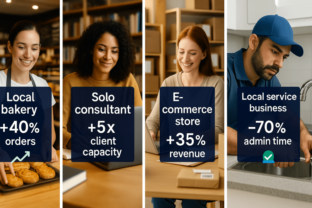 Success story collage showing 4 different small business types - aihika.com